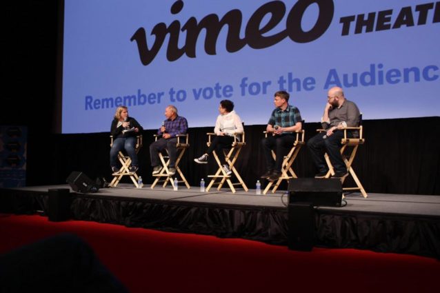 SXSWのQ&Aセッションに参加する司会者のナンシー・シャフター、イヴォン・シュイナード(パタゴニア)、ジョイ・ハワード(パタゴニア)、トラビス・ルンメル(DamNation)、ジェレミー・ボクサー(Vimeo)。Photo: Nate Ptacek