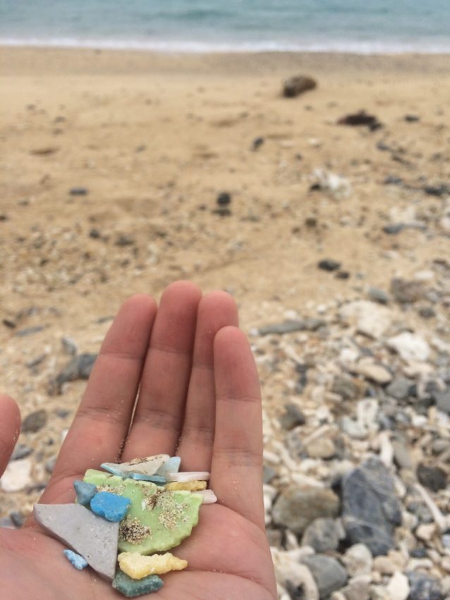 沖縄北部の嘉陽の浜で拾ったマイクロプラスチック。写真:赤井絵理