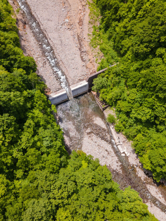 スリット化した砂防ダムを俯瞰で見る。湛水部を埋め尽くした土砂は、時間をかけてスリットを通過し、下流部の河床低下を徐々に戻していく。ちなみにダム右側に設けられた魚道は機能していない。維持さえも困難な構造物だ。写真:奥本 昌夫